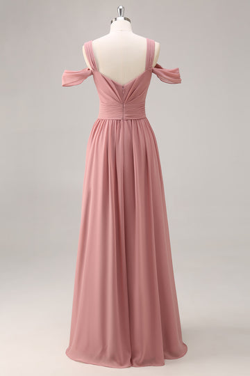 Dusty Rose Cold Shoulder Chiffon Ruched Long Bridesmaid Dress with Slit